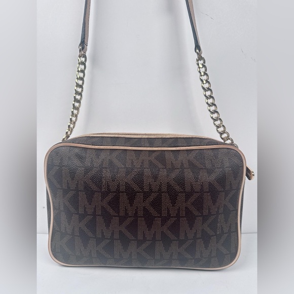 Michael Kors Jet Set Small Brown/Beige Leather MK Signature Messenger Bag - Picture 3 of 16